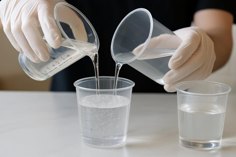 Hai thành phần resin và hardener được đong riêng rồi phối trộn theo đúng tỷ lệ quy định của từng hệ epoxy.
