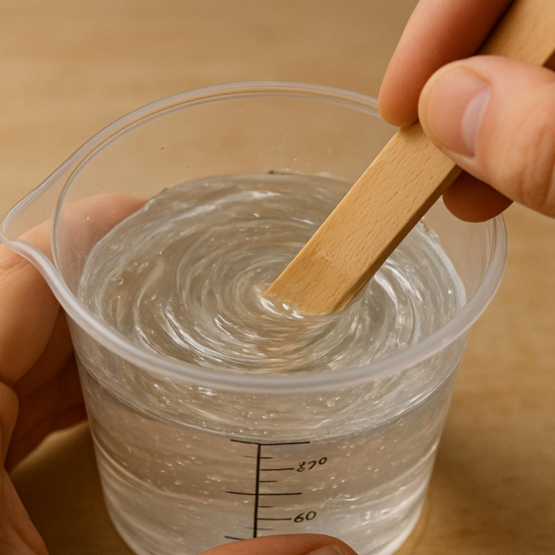 Sau khi định lượng đúng phần A và B, hỗn hợp epoxy cần được khuấy kỹ và chậm để hạn chế cuốn thêm không khí vào keo.