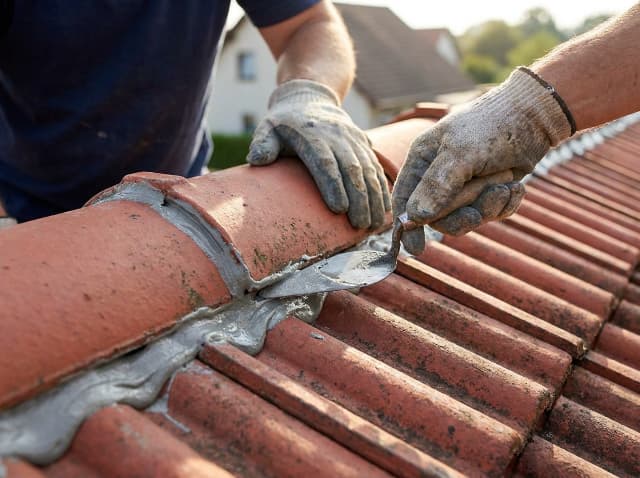 Trét keo vào mạch ngói úp nóc để xử lý khe hở gây dột mái.