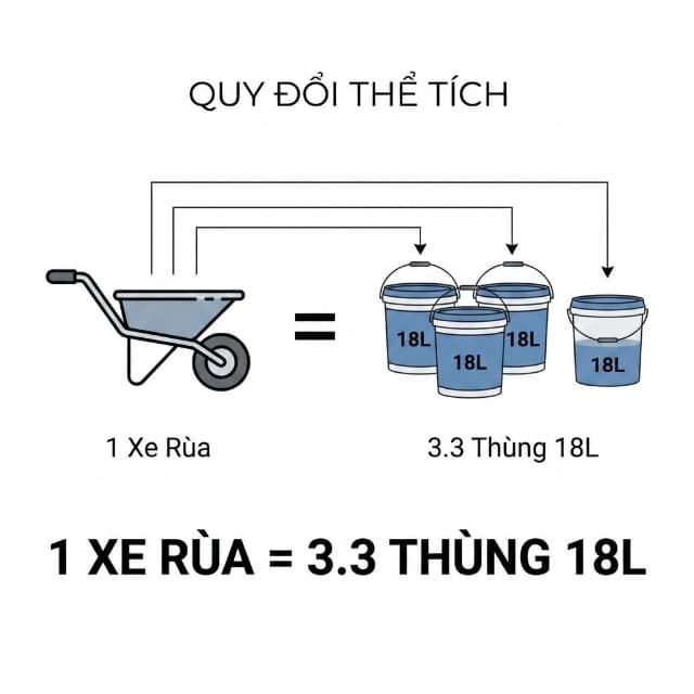 Cách quy đổi 1 xe rùa cát sang thùng sơn 18L để kiểm tra cấp phối vữa