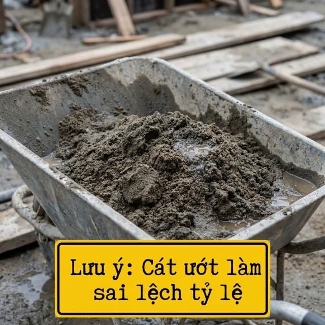 Cát ướt gây hiện tượng nở rời làm sai lệch tỷ lệ trộn vữa bằng xe rùa