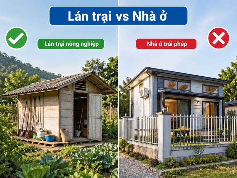 Phân biệt lán tạm nông nghiệp (hợp pháp) và nhà ở tiện nghi (vi phạm) trên đất nông nghiệp.