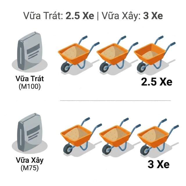 So sánh tỷ lệ xi măng và xe rùa cát cho vữa xây gạch M75 và vữa trát M100