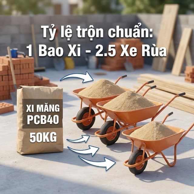 Tỷ lệ chuẩn 1 bao xi măng trộn bao nhiêu xe rùa cát khi thi công.