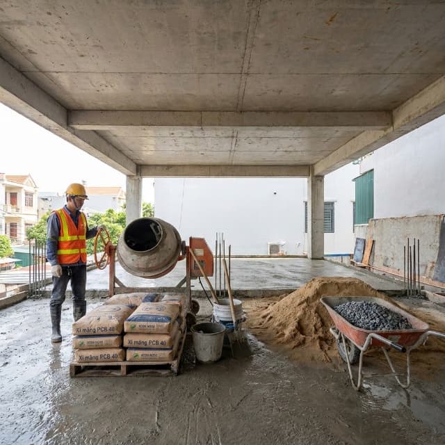 Thợ xây đong cát đá bằng xe rùa 60L đổ bê tông móng sàn chuẩn M200
