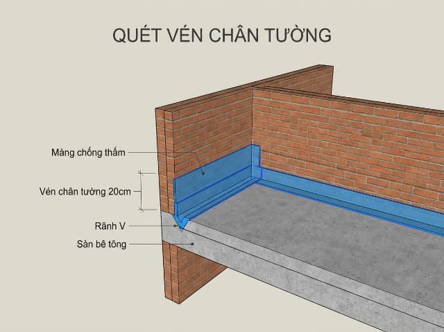 Quét vén chân tường đúng kỹ thuật giúp ngăn nước mưa len lỏi qua các góc cạnh khi chống thấm sân thượng.