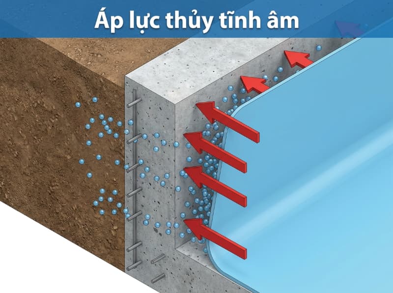 Áp lực thủy tĩnh âm liên tục đẩy từ phía sau khiến lớp chống thấm ngược rất dễ bị phồng rộp, bong mảng.