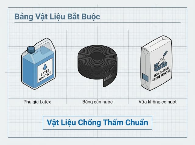 Bộ ba vật liệu bắt buộc gồm Sika Latex, thanh trương nở và Sika Grout.