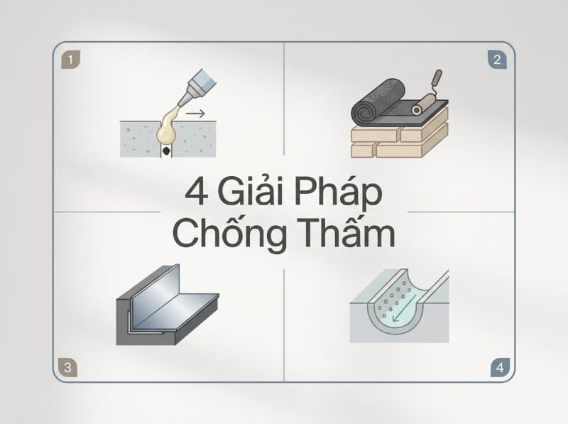 Đồ họa tổng hợp giải pháp chống thấm khe tiếp giáp giúp gia chủ so sánh nhanh chi phí và tuổi thọ thực tế.