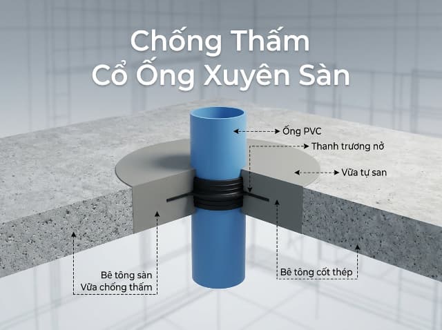 Lát cắt kỹ thuật chống thấm cổ ống xuyên sàn bằng Sika và thanh trương nở.