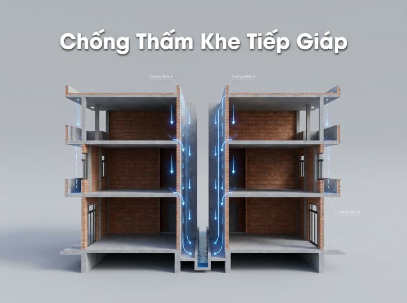 Mô phỏng tình trạng thấm nước tại khe lún giữa hai nhà và tầm quan trọng của giải pháp chống thấm triệt để.