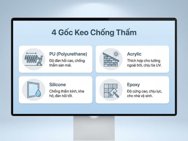 Mỗi gốc keo chống thấm có đặc tính cơ học riêng, phù hợp cho từng bề mặt vật liệu trong và ngoài nhà.