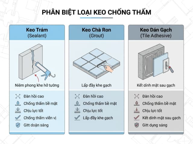 Phân biệt rõ keo chống thấm, keo chà ron và keo dán gạch giúp tối ưu chi phí, tránh mua nhầm sản phẩm.