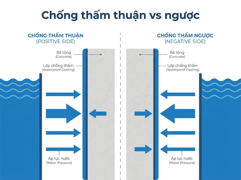 Sơ đồ mô phỏng áp lực nước đẩy vào lớp phủ trong chống thấm thuận và đẩy bật lớp phủ ra trong chống thấm ngược.