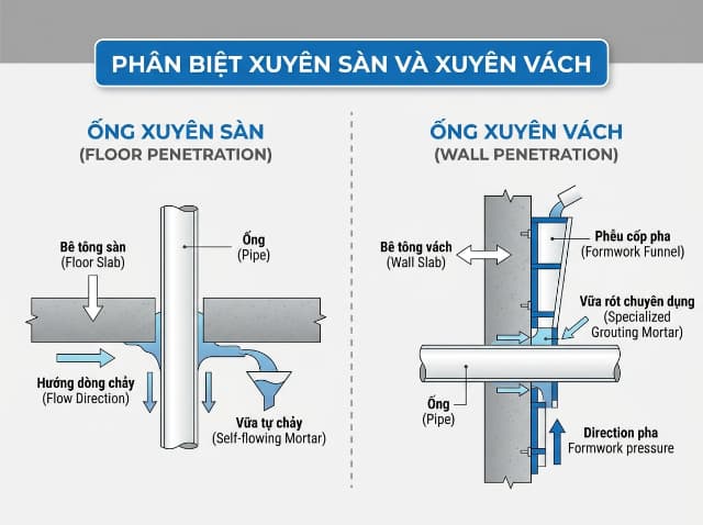 Sơ đồ phân biệt giải pháp chống thấm cổ ống xuyên sàn và xuyên vách tường.