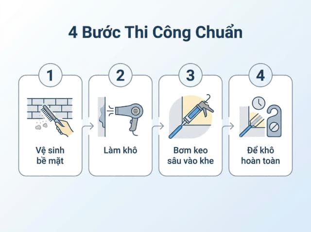 Tuân thủ đúng quy trình làm sạch và làm khô quyết định 90% độ bền và khả năng ngăn nước của keo chống thấm