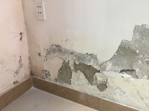 Hiện tượng thấm ngược chân tường gây bong tróc sơn và nấm mốc tại nhà phố