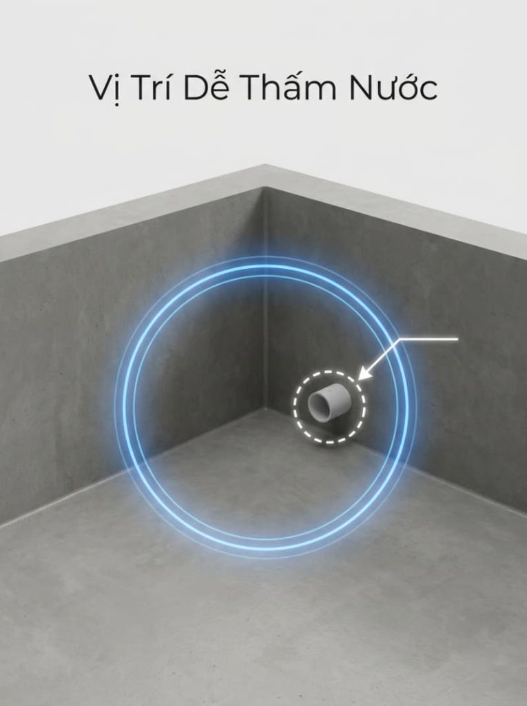 Góc đáy và cổ ống là hai vị trí xung yếu cần gia cố khi chống thấm hồ bể cá.