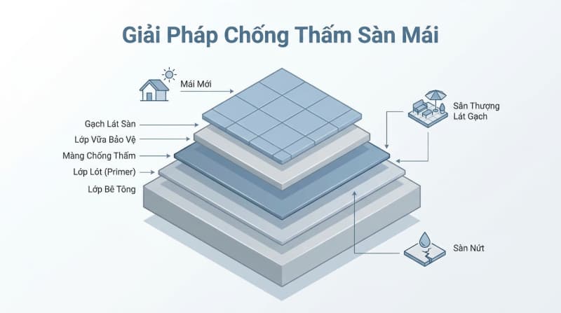 Hệ thống đa lớp từ lớp lót đến vữa bảo vệ giúp tối ưu hóa khả năng kháng nước và tăng độ bền sàn mái.
