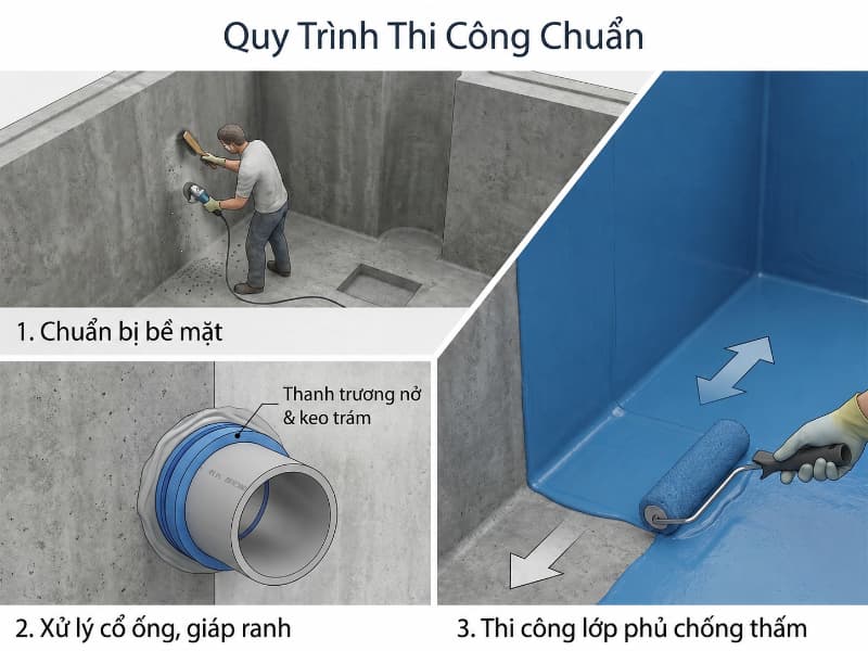 Quy trình thi công chuẩn đòi hỏi xử lý kỹ cổ ống và quét đủ 2 - 3 lớp chống thấm.