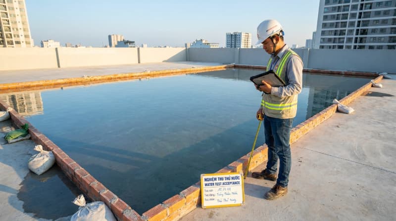 Thử nước ngâm sàn trong 24 giờ nhằm nghiệm thu độ kín tuyệt đối của màng trước khi bàn giao cán vữa.