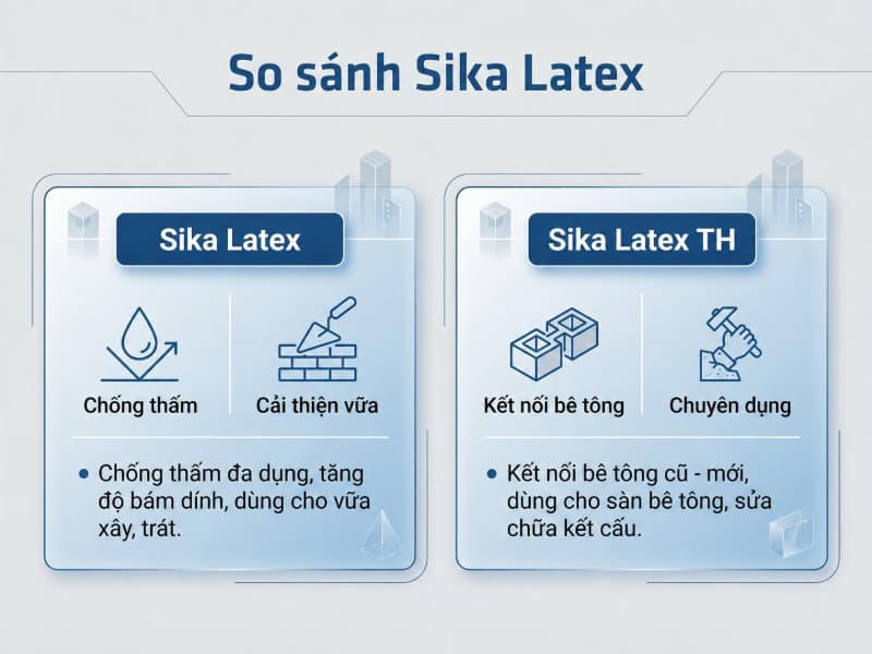 Bảng so sánh hỗ trợ người dùng chọn đúng dòng Sika Latex theo yêu cầu kỹ thuật.