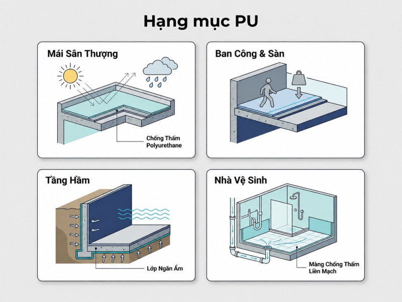 Mỗi khu vực thi công đòi hỏi hệ PU riêng biệt về độ đàn hồi, khả năng kháng UV hoặc độ ẩm nền.