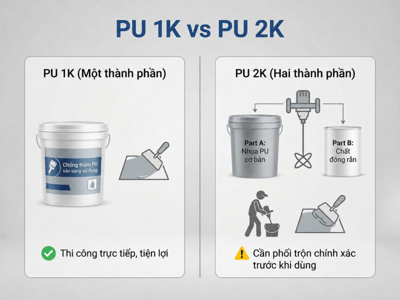 Phân biệt PU 1K tiện dụng và PU 2K cần phối trộn giúp chọn đúng giải pháp theo năng lực thi công.