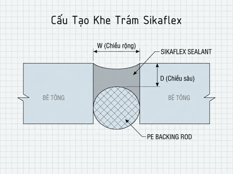 Sơ đồ mặt cắt khe trám tiêu chuẩn gồm xốp chèn backing rod và lớp Sikaflex.