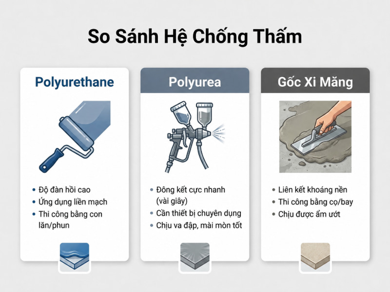 So sánh PU, Polyurea và gốc xi măng giúp đánh giá chính xác độ đàn hồi, tốc độ đóng rắn và nền ẩm.