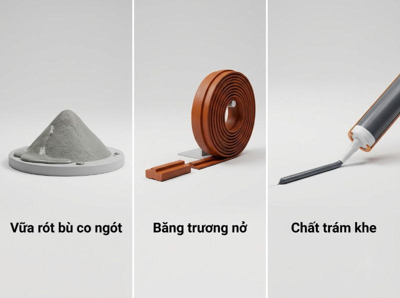 Ba nhóm vật liệu chủ lực đảm nhận việc chèn rỗng kết cấu, chặn nước bên trong và làm kín đàn hồi bề mặt cổ ống.