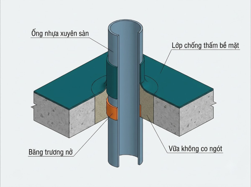 Cấu tạo chi tiết các lớp vật liệu làm kín tại vị trí cổ ống xuyên sàn bê tông giúp ngăn chặn nước thấm qua khe tiếp giáp.
