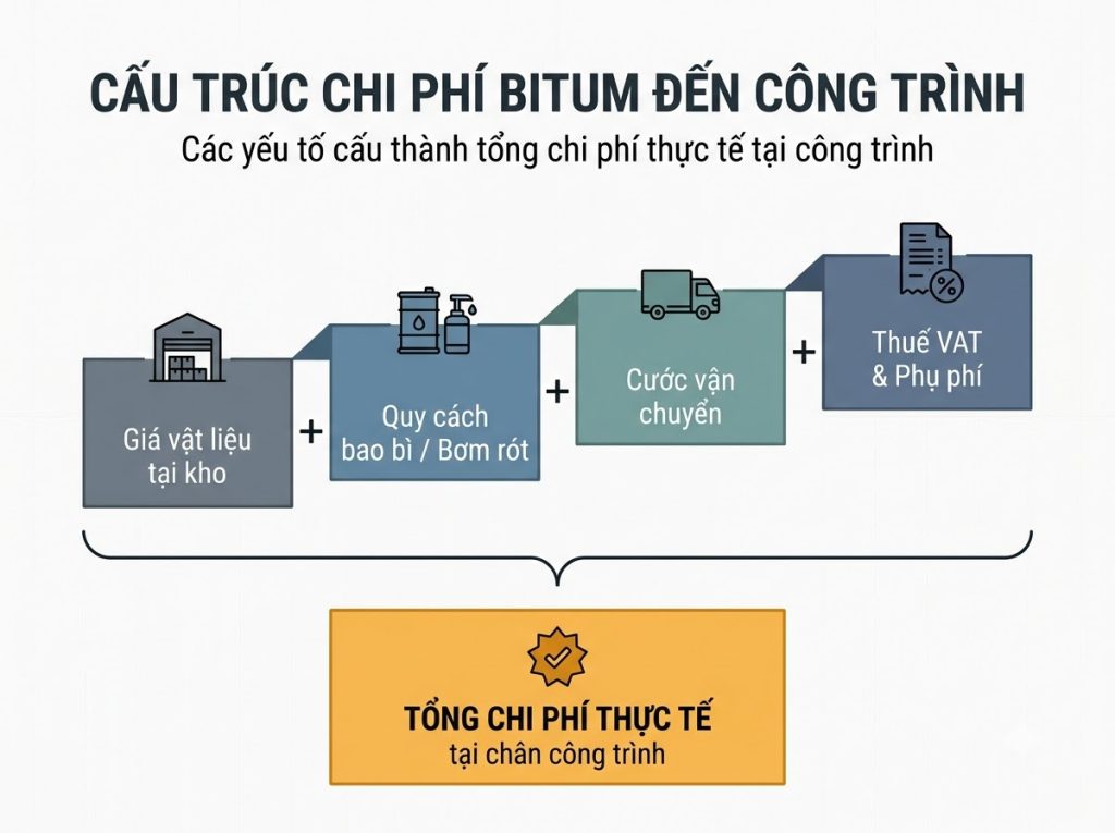 Cấu trúc cộng dồn chi phí từ giá xuất kho, bao gói, vận chuyển đến thuế VAT về chân công trình.