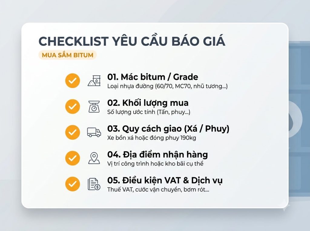 Danh mục 5 thông số kỹ thuật và thương mại cần chuẩn bị trước khi gửi yêu cầu báo giá vật tư.