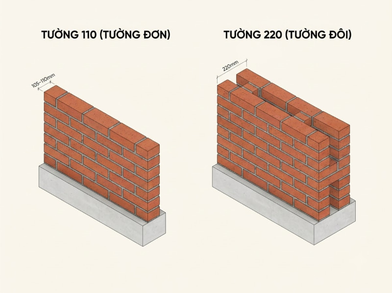 Độ dày và cách giằng gạch quyết định định mức vật tư cùng đơn giá thi công