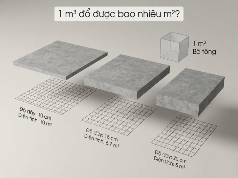 Mô hình quy đổi 1 m³ theo độ dày sàn giúp xác định diện tích đổ thực tế một cách chuẩn xác.