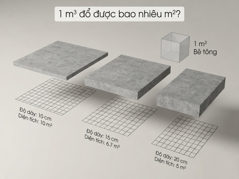 Mô hình quy đổi 1 m³ theo độ dày sàn giúp xác định diện tích đổ thực tế một cách chuẩn xác.