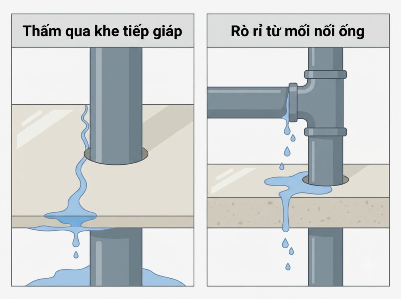 Phân biệt nước thấm qua khe tiếp giáp bê tông và rò rỉ từ mối nối ống giúp khoanh vùng chuẩn xác, tránh đục sàn sai vị trí.