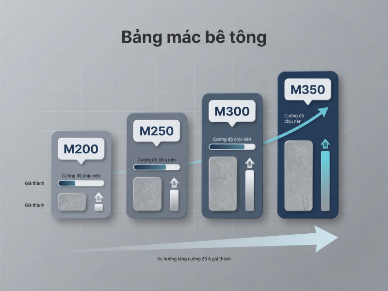 So sánh nhanh các mác bê tông, làm rõ mối liên hệ giữa cường độ chịu nén và đơn giá từng loại.